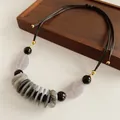 Retro leather cord necklace featuring marbled beads and elegant disc accents for women. - Style 36-Transparent