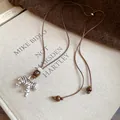 Vintage Maillard style necklace with silver zebra pendant and wooden beads cord - 38# Necklace-Silver