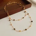 Elegant vintage necklace with tiger eye beads and golden accents on a delicate chain - 39# Gold-Coffee