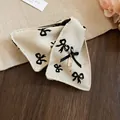 Elegant beige fabric triangle hair claw clip with black bow pattern and gold charm - 11# Claw Clip / White