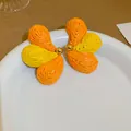 Vibrant handmade woven raffia flower stud earrings in orange and yellow summer vacation style - 41# Steel Needle - Orange - Yellow