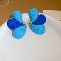 Sweet summer resort style blue raffia woven flower cluster stud earrings with gold bead - 42# Steel Needle - Blue