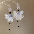 Elegant white woven flower cluster drop earrings with butterfly motif and crystal. - 53# Silver Needle - Gold