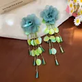 Sweet teal floral cluster earrings with lime green sequins for summer vacation style - 55# Silver Needle - Green