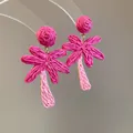 Vibrant pink and light pink woven raffia palm tree pendant earrings for summer resorts. - 57# Steel Needle - Rose Red