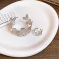 Elegant silver textured flower cuff bracelet and matching ring set for modern women - Bracelet Ring Set (HB3991) / Two-Piece Set / Silver