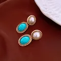 Vintage palace style drop earrings with oval turquoise and pearl embellishments - Earrings Only (With 925 Silver Post) / Gold-Blue