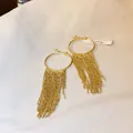 Detailed view of elegant gold-plated geometric hoop earrings with long fringe chain tassels. - Geometric Hoop Tassel Style / Gold
