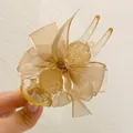 Elegant champagne mesh bow hair claw clip decorated with sparkling crystal balls detail - Champagne Bow Pony Clip