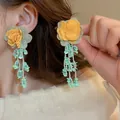 Delicate yellow mesh flower earrings with mint green beaded tassels in sweet forest style - 17# Gauze Floral Long Tassel Style / Pale Yellow-Mint Green