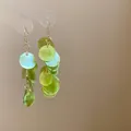 Macro detail of lime green resin round disc drop earrings with silver needle hooks - 9# Fresh Mori Style Layered Style / Light Green