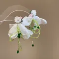 Detailed close-up of forest style white resin flower earrings with green beaded tassels - 31# Resin Rose Gauze Tassel Style / White-Green