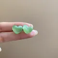 Elegant light green heart-shaped resin stud earrings featuring minimalist forest style design. - 55# Simple Mori Style Heart Style / Light Green