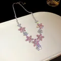 Exquisite pink and white zircon floral necklace with sparkling marquise-cut gems - Necklace / Silver-Pink