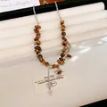 Elegant French vintage necklace featuring tiger eye stones and silver cross pendants - Tiger Eye Stone Chip Style / 3# Necklace-Coffee