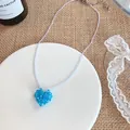 Handmade blue beaded necklace with a sparkling crystal heart pendant in French retro style - Blue Heart Woven Style / 40# Necklace White Blue