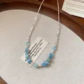 Vintage silver necklace featuring light blue crushed stones and small dainty pearls. - Gravel Pearl Splicing / 44# Necklace Silver Blue