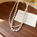Elegant vintage French style multi-layer pearl and bead necklace with heart clasp - Double Layer Heart Clasp Style / 45# Necklace Silver White