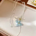 Elegant French vintage multi-layer beaded necklace featuring blue and silver flower charms - Double Flower Clavicle Style / 16# Necklace White Blue
