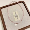 French vintage style pink beaded necklace with white shell flower charm for women - Pink Cat Eye Flower Style / 34# Necklace Silver Pink Kitten