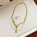 Elegant French vintage double-layer necklace with green beads and gold-tone waterdrop pendant - Water Drop Emerald Double Style / 53# Necklace Gold Green