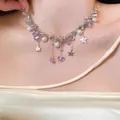 French retro pearl beaded necklace with dangling stars and purple charms for women - Purple Butterfly Star Multi Layer Style / 4# Necklace-Silver