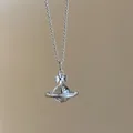 Elegant silver Saturn orb pendant necklace with cross and sparkling crystal details for women - Classic Orb Style / 30# Necklace-Silver