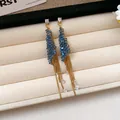 Elegante lange Hängeohrringe mit blauen Kristallclustern und goldenen Quastenketten für Damen - Langer Quastenanhänger-Stil (98#)