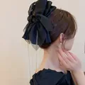 Elegante große schwarze Schleife Haarklammer mit funkelnden langen Strassquasten - Strass Quaste Schleifenstil (17#)