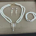 Elegant double-layer pearl and rhinestone jewelry set with necklace, earrings, and bracelet - Top And Bottom / Gold