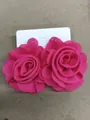 Vibrant hot pink chiffon flower stud earrings with layered fabric petals on a white card. - Steel Pin Style / Rose Red