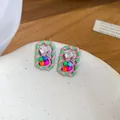 Orecchini geometrici colorati stile Dopamina con aghi in argento e strass - Perno in Argento-Verde-Rosa