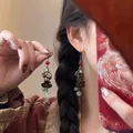 Vintage New Chinese style long drop earrings with green glass beads and oil-dripping charms - Hook Style / Red-Green