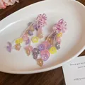Handgefertigte violette Perlenohrringe mit bunten Harzblumen und langen Quastenanhängern - 41# Handgefertigte Perlenblume