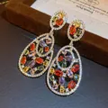 Close-up of vintage teardrop earrings with colorful gemstones and zircon paving - 4# Multicolor Hollow Teardrop (Silver Post)