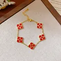 Vintage gold-plated bracelet with red four-leaf clover charms and sparkling crystals. - Four-leaf Clover Style (45#) / Gold/Red