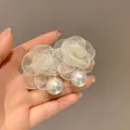 Elegant cream chiffon rose flower earrings featuring large white decorative pearls - Pearl Flower (26#)
