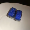Elegant rectangular hoop earrings with blue pave-set zircon in a silver finish. - 18# Blue Rectangle (Ear Buckle)