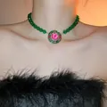 Luxurious green beaded choker necklace with a pink crystal geometric circular pendant - 44# Necklace - Regular - Gold - Green