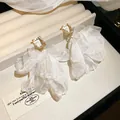 Elegant large white chiffon flower drop earrings featuring clear crystal studs and gold finish - Crystal Style (41#)