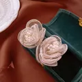 Elegant chiffon flower stud earrings with pearl center displayed in a vintage jewelry box - Pearl Flower (45#)