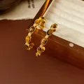 Close-up of vintage style gold hoop earrings inlaid with tiger's eye and cubic zirconia - 43# Tiger Eye Pave C-Shape Hoop (Silver Post)