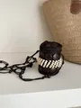 Handmade bohemian style coconut shell mini bag necklace with elegant white bead accents - Round Pendant / Coffee White
