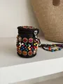 Handcrafted Bohemian ethnic coin purse necklace with colorful beads on black mesh - Round Pendant / Brown Multicolor