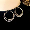 Detail shot of elegant double-layered hoop earrings adorned with sparkling cubic zirconia. - Silver