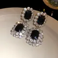 Luxurious geometric black gemstone stud earrings with a sparkling clear zircon halo - Silver Needle Style (2#) / Silver-Black