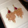 Elegant silver needle earrings with red teardrop zircon and peach crystal bead tassels - Silver Post Tassel Style (5#) / Gold-Pink
