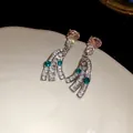 Geometric silver needle tassel earrings with pink crystals and sparkling clear zircons - Silver Post Pink Gem Tassel (8#) / Silver
