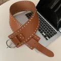 Stylish wide brown leather belt featuring silver stud rivets and a round silver buckle - 71# Waist Chain
