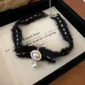Elegant black fuzzy choker necklace with a teardrop pearl pendant for women. - Water Drop Pearl Pendant Style (15#)